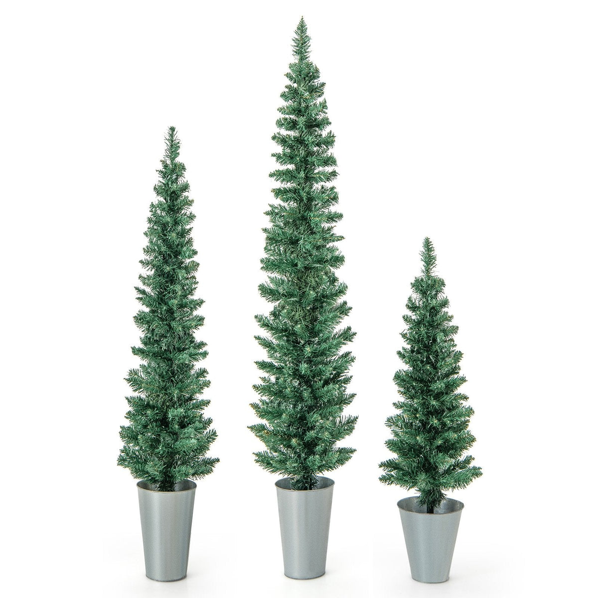 Set of 3 Potted Pencil Christmas Trees, 3 FT 4 FT and 5 FT in Silver Metal Buckets