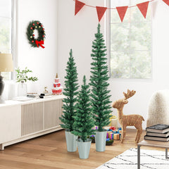 Set of 3 Potted Pencil Christmas Trees, 3 FT 4 FT and 5 FT in Silver Metal Buckets