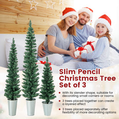 Set of 3 Potted Pencil Christmas Trees, 3 FT 4 FT and 5 FT in Silver Metal Buckets
