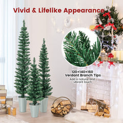 Set of 3 Potted Pencil Christmas Trees, 3 FT 4 FT and 5 FT in Silver Metal Buckets