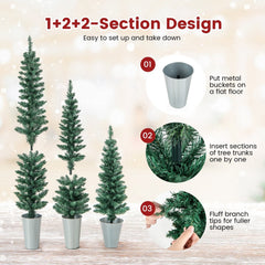 Set of 3 Potted Pencil Christmas Trees, 3 FT 4 FT and 5 FT in Silver Metal Buckets