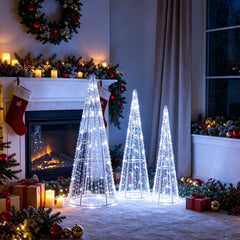 Set of 3 Pre-lit Christmas Cone Trees with Star Strings for Christmas-Cold White