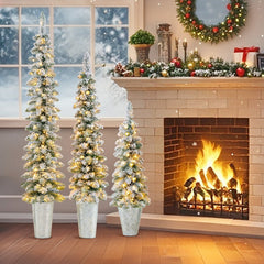 Set of 3 Pre-Lit Snow Flocked Pencil Christmas Trees, 3 FT 4 FT and 5 FT with 230 LEDs