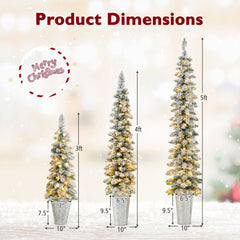 Set of 3 Pre-Lit Snow Flocked Pencil Christmas Trees, 3 FT 4 FT and 5 FT with 230 LEDs
