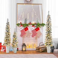 Set of 3 Pre-Lit Snow Flocked Pencil Christmas Trees, 3 FT 4 FT and 5 FT with 230 LEDs