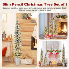 Set of 3 Pre-Lit Snow Flocked Pencil Christmas Trees, 3 FT 4 FT and 5 FT with 230 LEDs