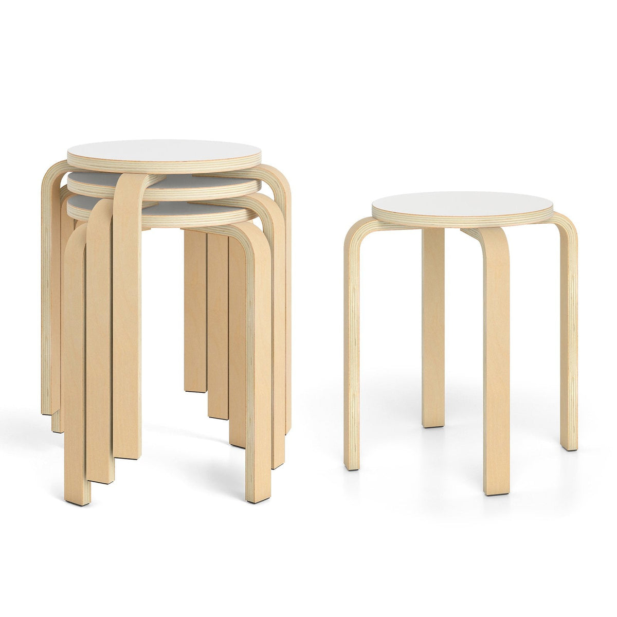 Set of 4 Stackable Bentwood Stools with White Round Seat, 18 Inch