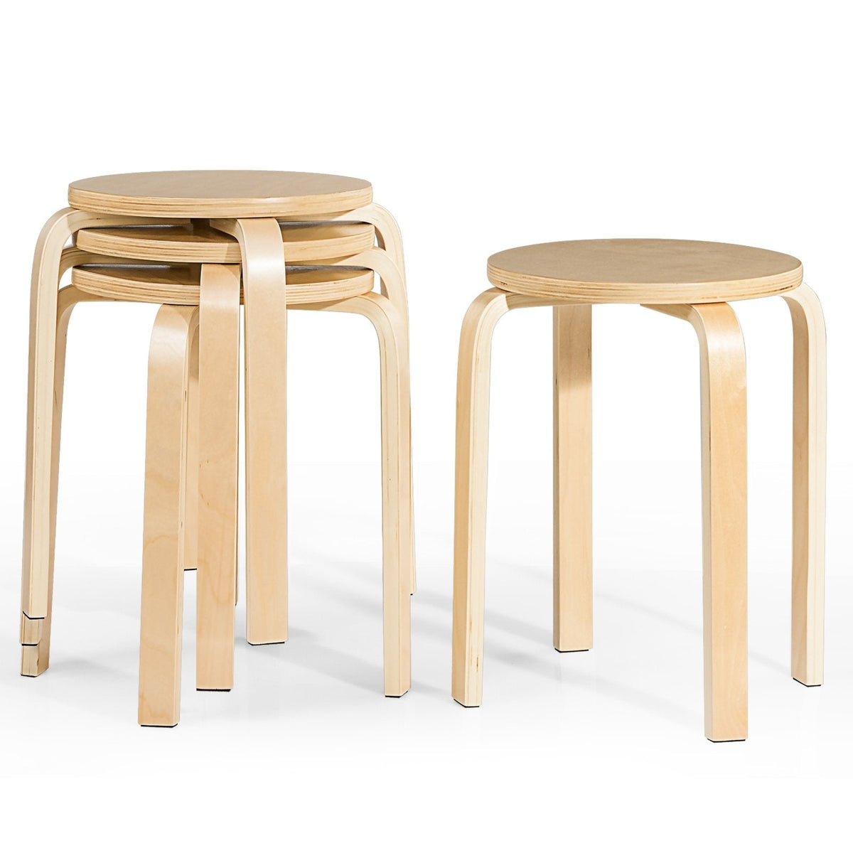Set of 4 Stackable Bentwood Stools with Round Seat, Natural, 18 Inch