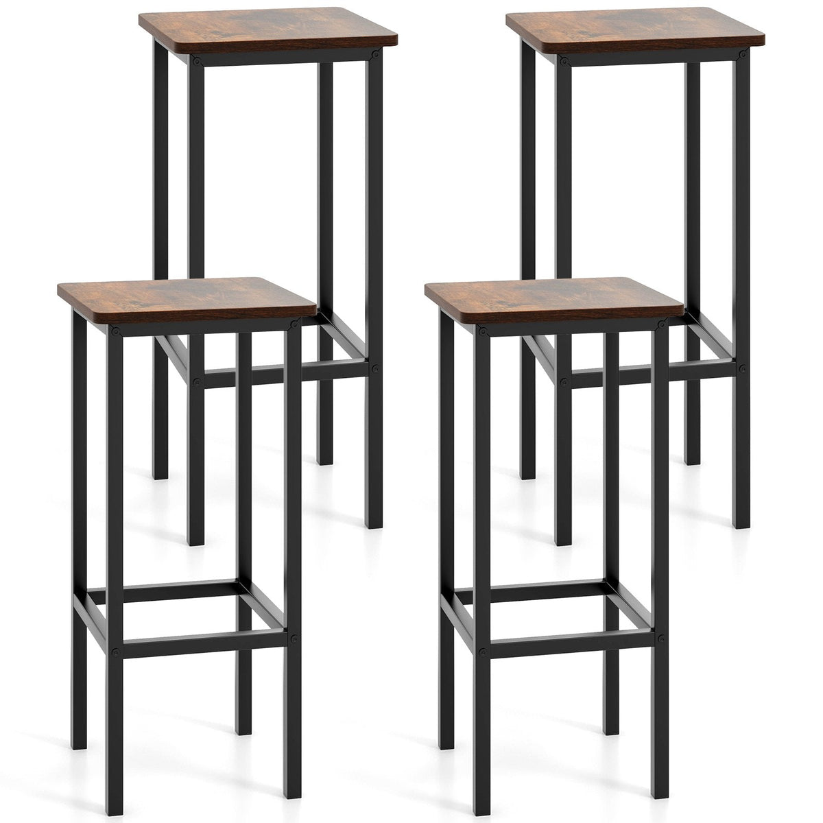 Set of 4 Backless Counter Stools with Rustic Wood Seats and Black Legs, 26 Inch