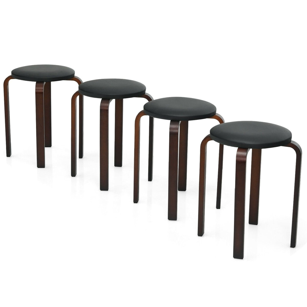 Set of 4 Stackable Bentwood Stools with Padded Black PU Seat, 18.5 Inch