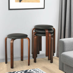 Set of 4 Stackable Bentwood Stools with Padded Black PU Seat, 18.5 Inch