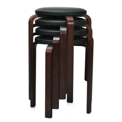 Set of 4 Stackable Bentwood Stools with Padded Black PU Seat, 18.5 Inch