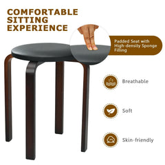 Set of 4 Stackable Bentwood Stools with Padded Black PU Seat, 18.5 Inch