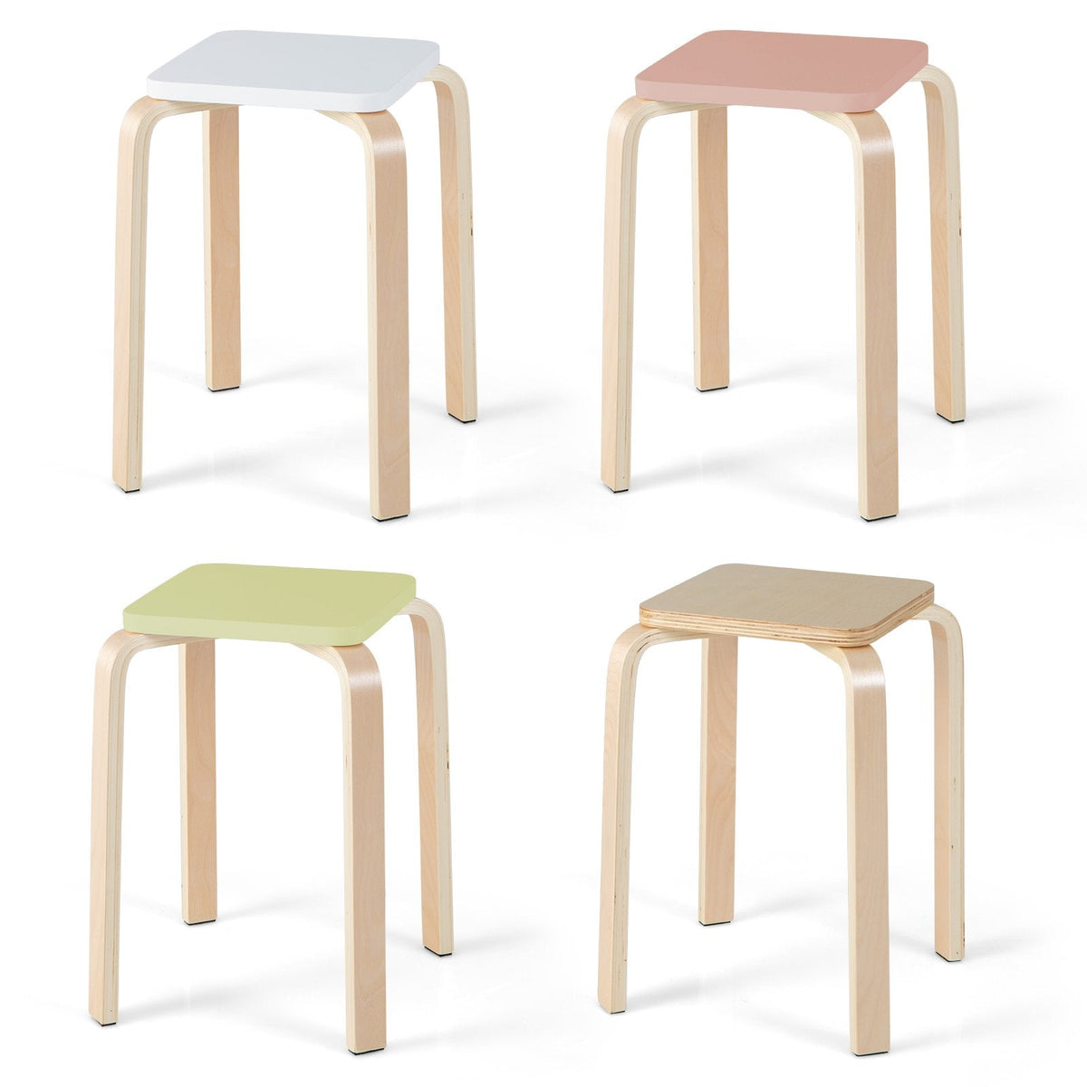 Set of 4 Stackable Square Stools in Mixed Pastel Colours, Poplar and Birch, 18 Inch