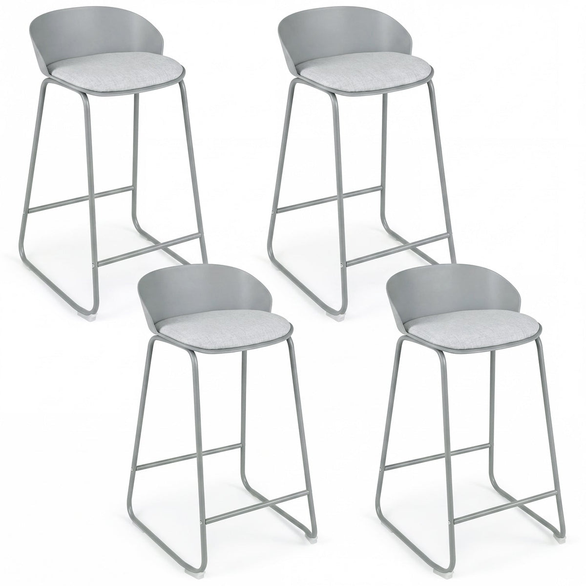 Set of 4 Barrel Back Bar Stools in Grey with Sled Metal Frames, 28 Inch Seat