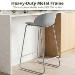 Set of 4 Barrel Back Bar Stools in Grey with Sled Metal Frames, 28 Inch Seat