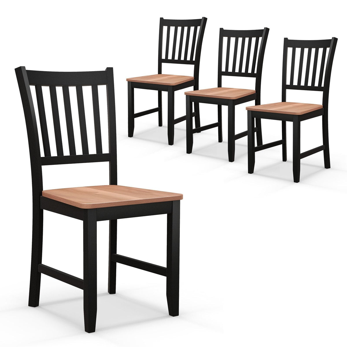 Set of 4 Slat Back Dining Chairs, Black Rubber Wood Legs with Walnut Seat