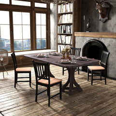 Set of 4 Slat Back Dining Chairs, Black Rubber Wood Legs with Walnut Seat