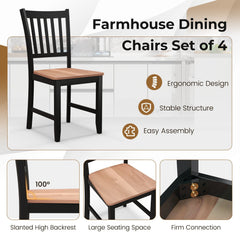 Set of 4 Slat Back Dining Chairs, Black Rubber Wood Legs with Walnut Seat