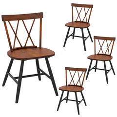 Set of 4 Cross Back Dining Chairs with Shaped Wood Seat, Dark Brown Rubber Wood