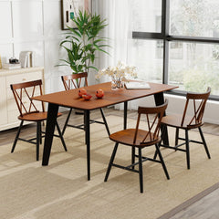 Set of 4 Cross Back Dining Chairs with Shaped Wood Seat, Dark Brown Rubber Wood