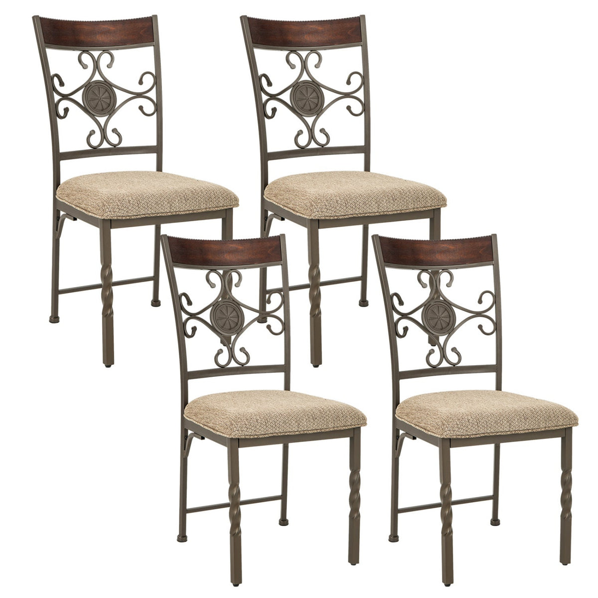 Set of 4 Metal Frame Dining Chairs with Scrollwork Back and Padded Seat