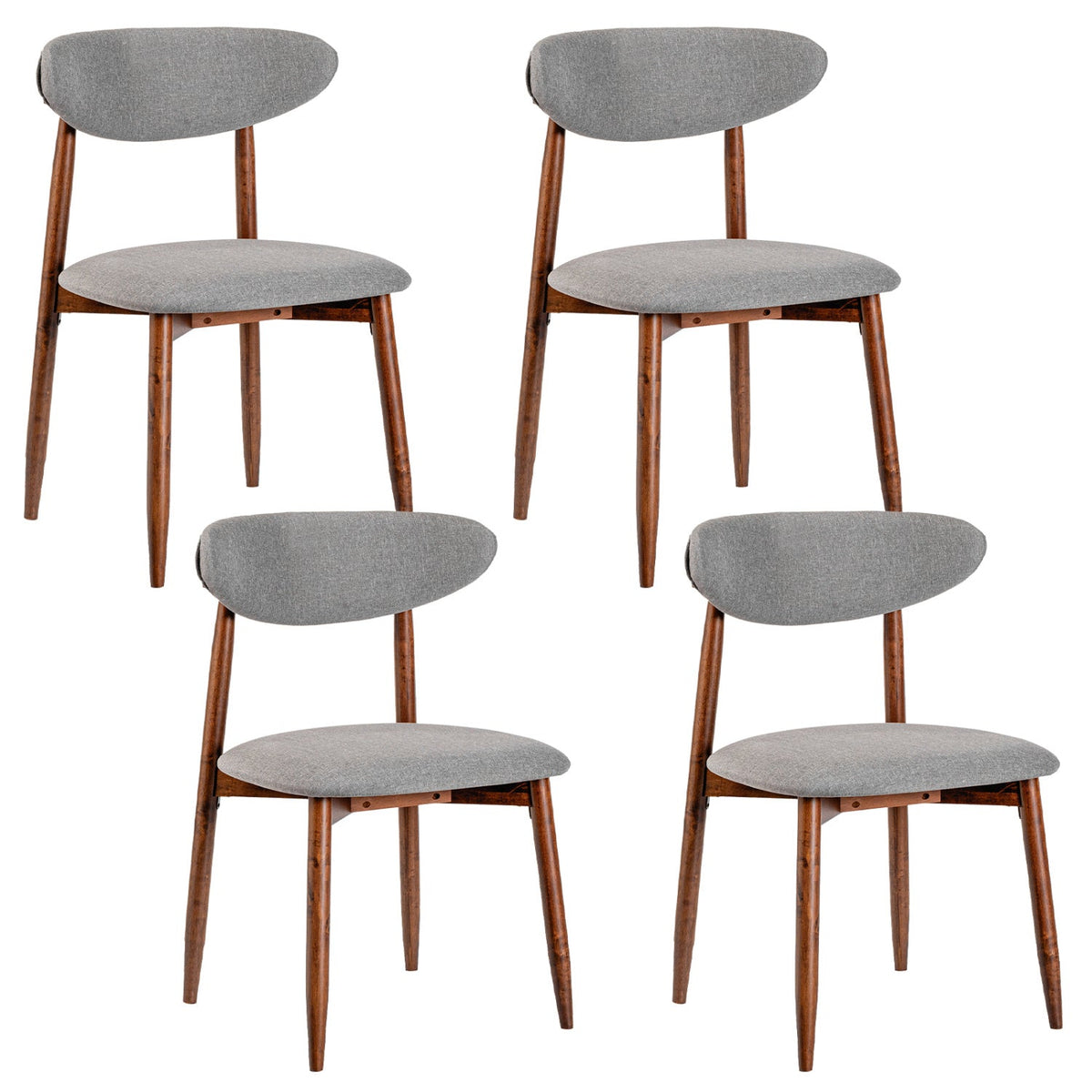 Set of 4 Upholstered Dining Chairs with Curved Back, Grey Fabric and Walnut Legs