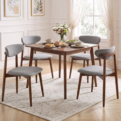 Set of 4 Upholstered Dining Chairs with Curved Back, Grey Fabric and Walnut Legs