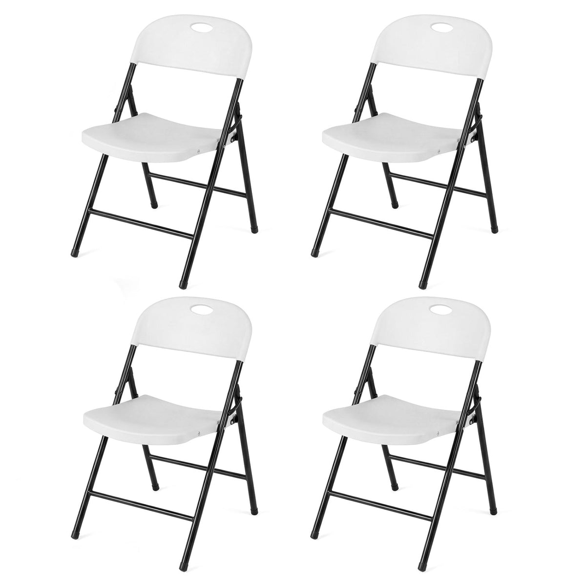 Set of 4 Folding Plastic Chairs with Contoured Seat and Carry Handle, White