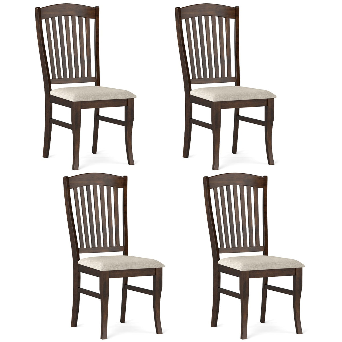 Set of 4 Tall Slat Back Dining Chairs, Brown Rubber Wood with Cream Padded Seat