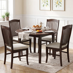 Set of 4 Tall Slat Back Dining Chairs, Brown Rubber Wood with Cream Padded Seat