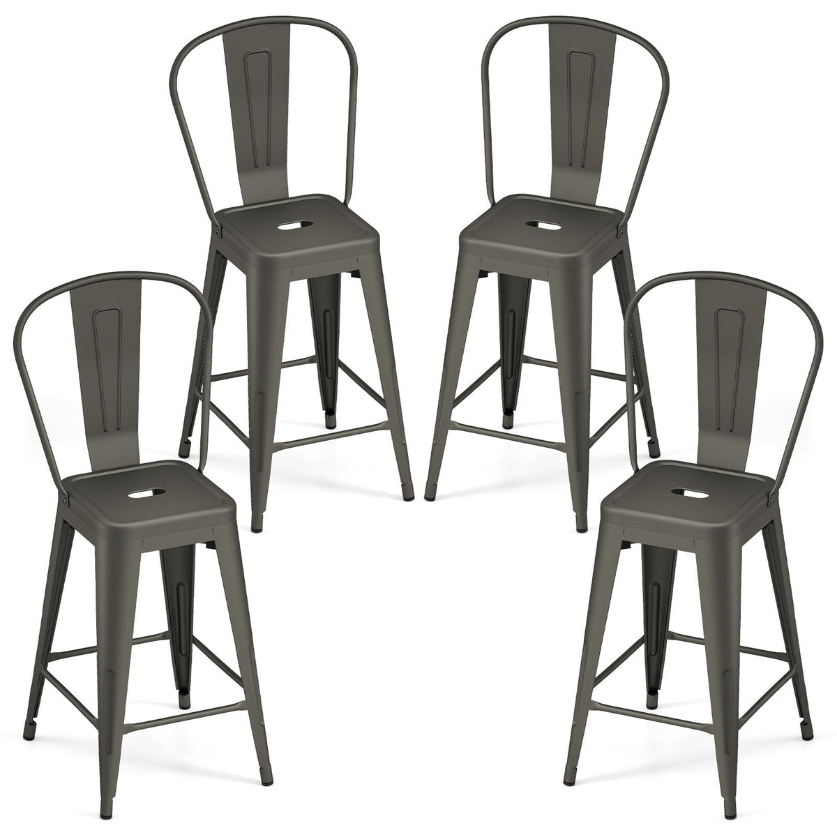 Set of 4 Metal Counter Stools in Gun Metal with Removable Backrests, 24 Inch Seat