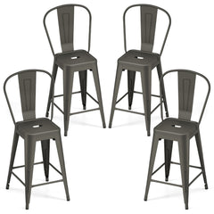 Set of 4 Metal Counter Stools in Gun Metal with Removable Backrests, 24 Inch Seat