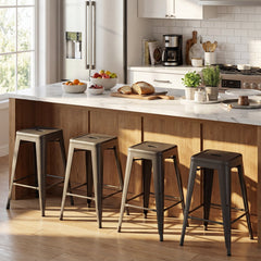 Set of 4 Metal Counter Stools in Gun Metal with Removable Backrests, 24 Inch Seat