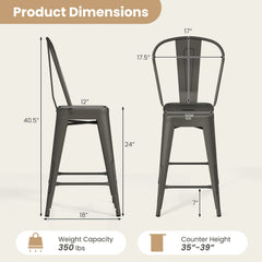 Set of 4 Metal Counter Stools in Gun Metal with Removable Backrests, 24 Inch Seat