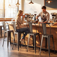 Set of 4 Metal Counter Stools in Gun Metal with Removable Backrests, 24 Inch Seat