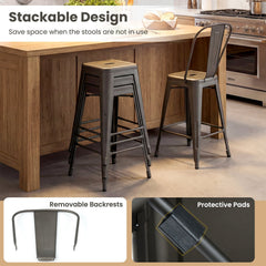 Set of 4 Metal Counter Stools in Gun Metal with Removable Backrests, 24 Inch Seat