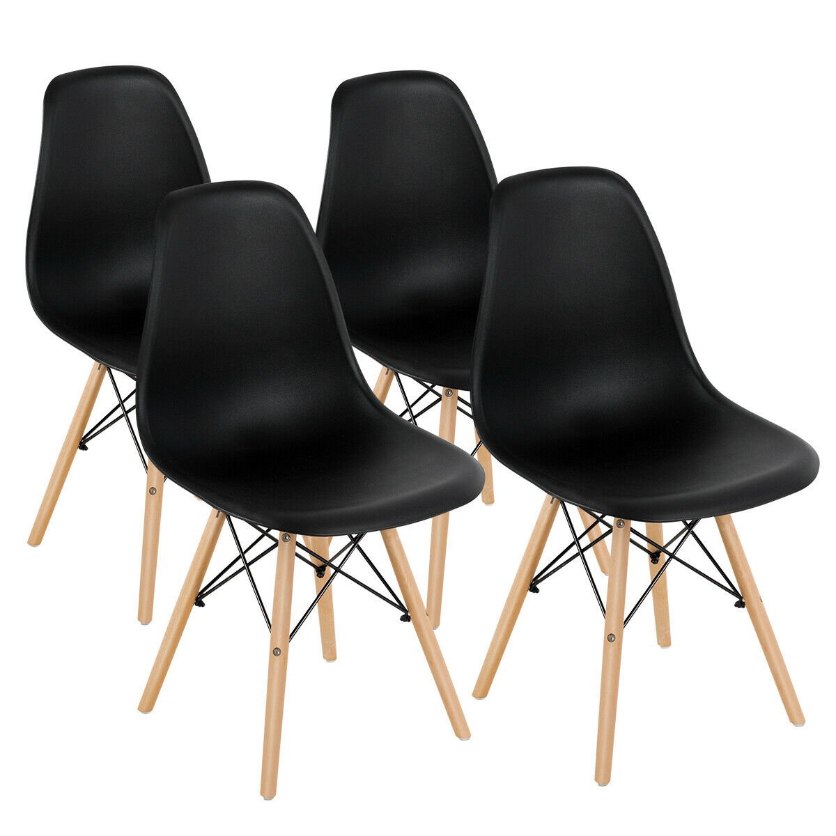 Set of 4 Moulded Shell Dining Chairs with Beech Wood Legs, Black