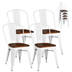 Set of 4 Metal Dining Chairs with Elm Wood Seat and Removable Backrest, White