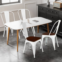 Set of 4 Metal Dining Chairs with Elm Wood Seat and Removable Backrest, White