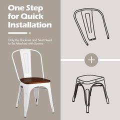 Set of 4 Metal Dining Chairs with Elm Wood Seat and Removable Backrest, White