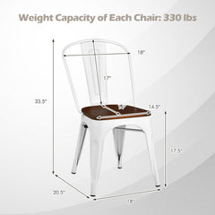 Set of 4 Metal Dining Chairs with Elm Wood Seat and Removable Backrest, White
