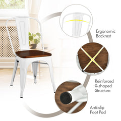 Set of 4 Metal Dining Chairs with Elm Wood Seat and Removable Backrest, White