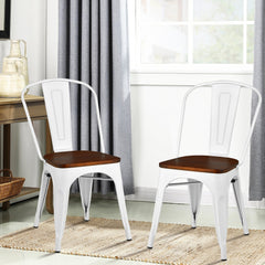 Set of 4 Metal Dining Chairs with Elm Wood Seat and Removable Backrest, White