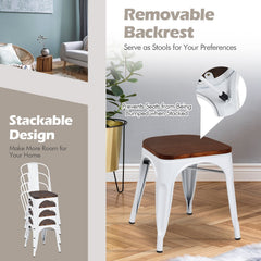 Set of 4 Metal Dining Chairs with Elm Wood Seat and Removable Backrest, White