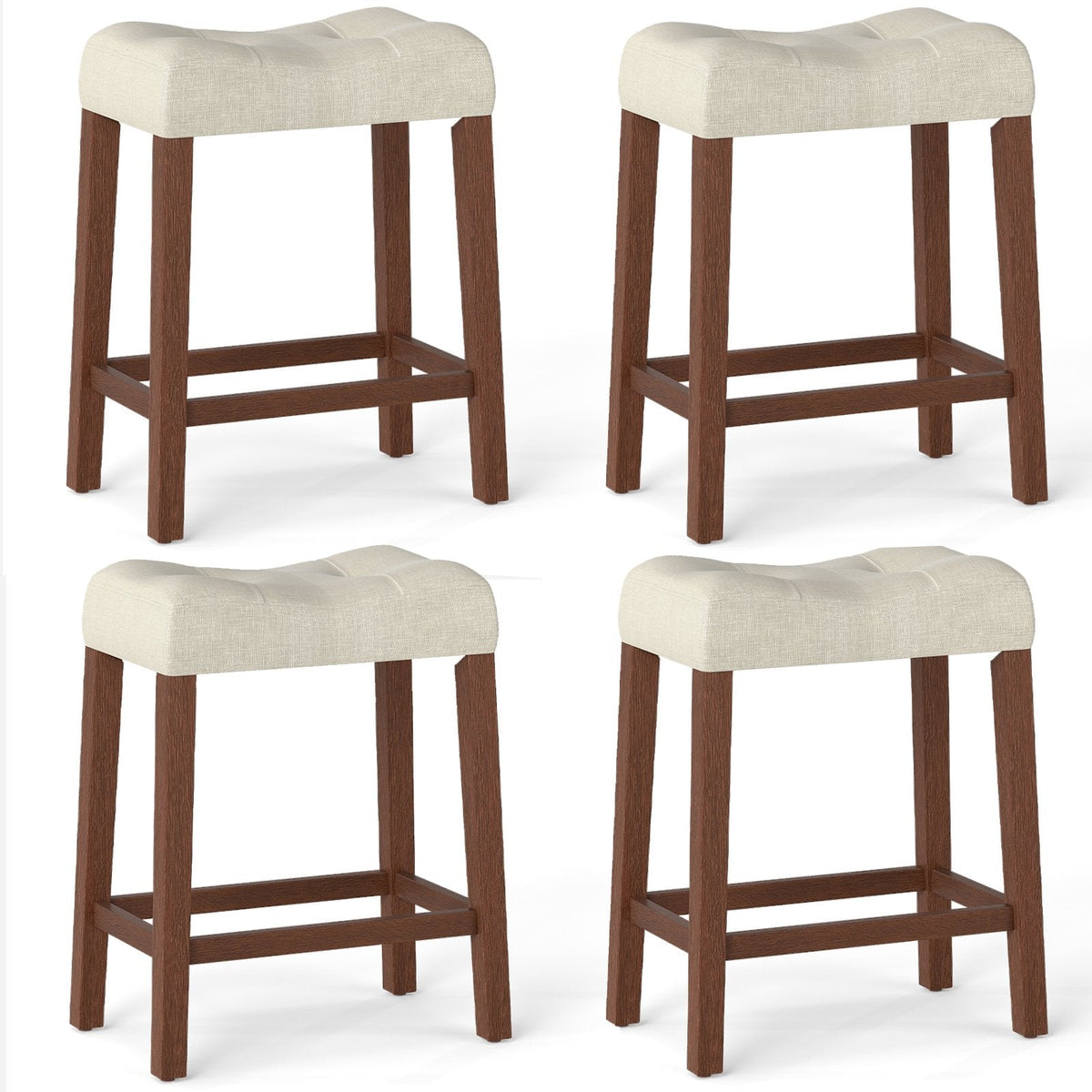 Set of 4 Tufted Saddle Counter Stools with Walnut Legs and Cream Linen, 24 Inch