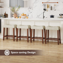 Set of 4 Tufted Saddle Counter Stools with Walnut Legs and Cream Linen, 24 Inch