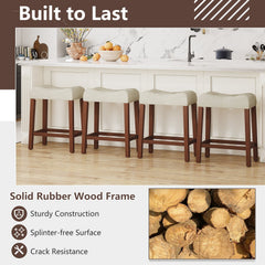 Set of 4 Tufted Saddle Counter Stools with Walnut Legs and Cream Linen, 24 Inch