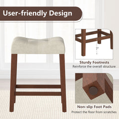 Set of 4 Tufted Saddle Counter Stools with Walnut Legs and Cream Linen, 24 Inch