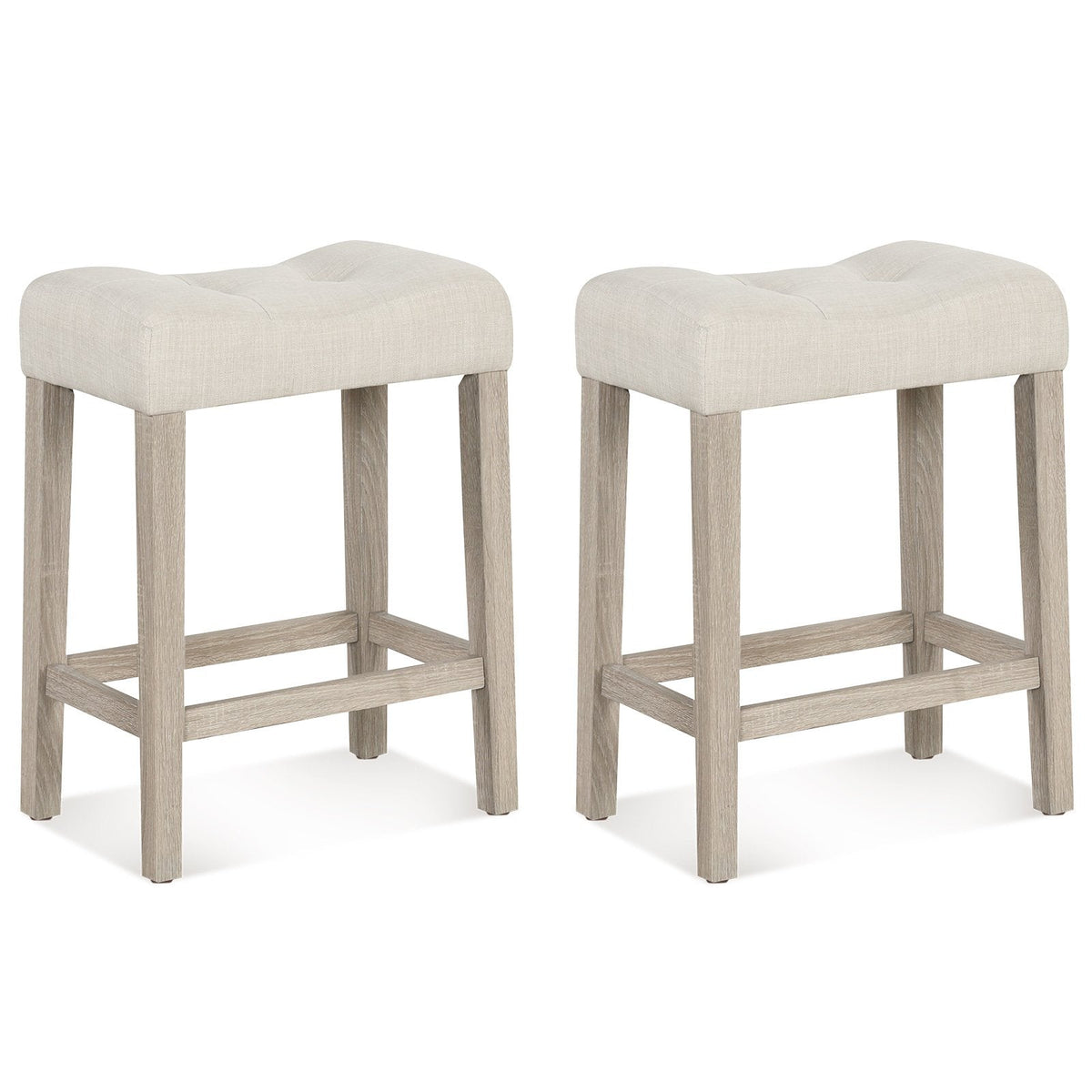 Set of 2 Tufted Saddle Counter Stools with Grey Washed Legs, 24 Inch Seat Height